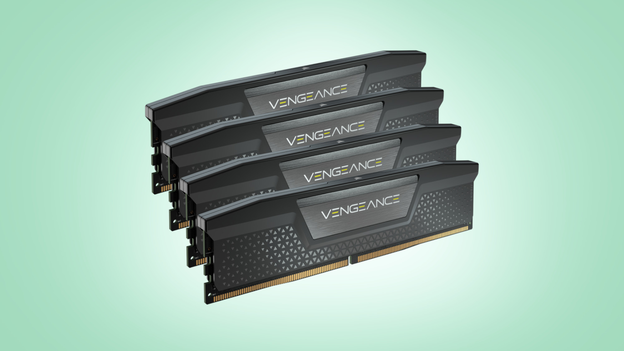 Corsair Vengeance DDR5 RAM sticks on eggshell green background