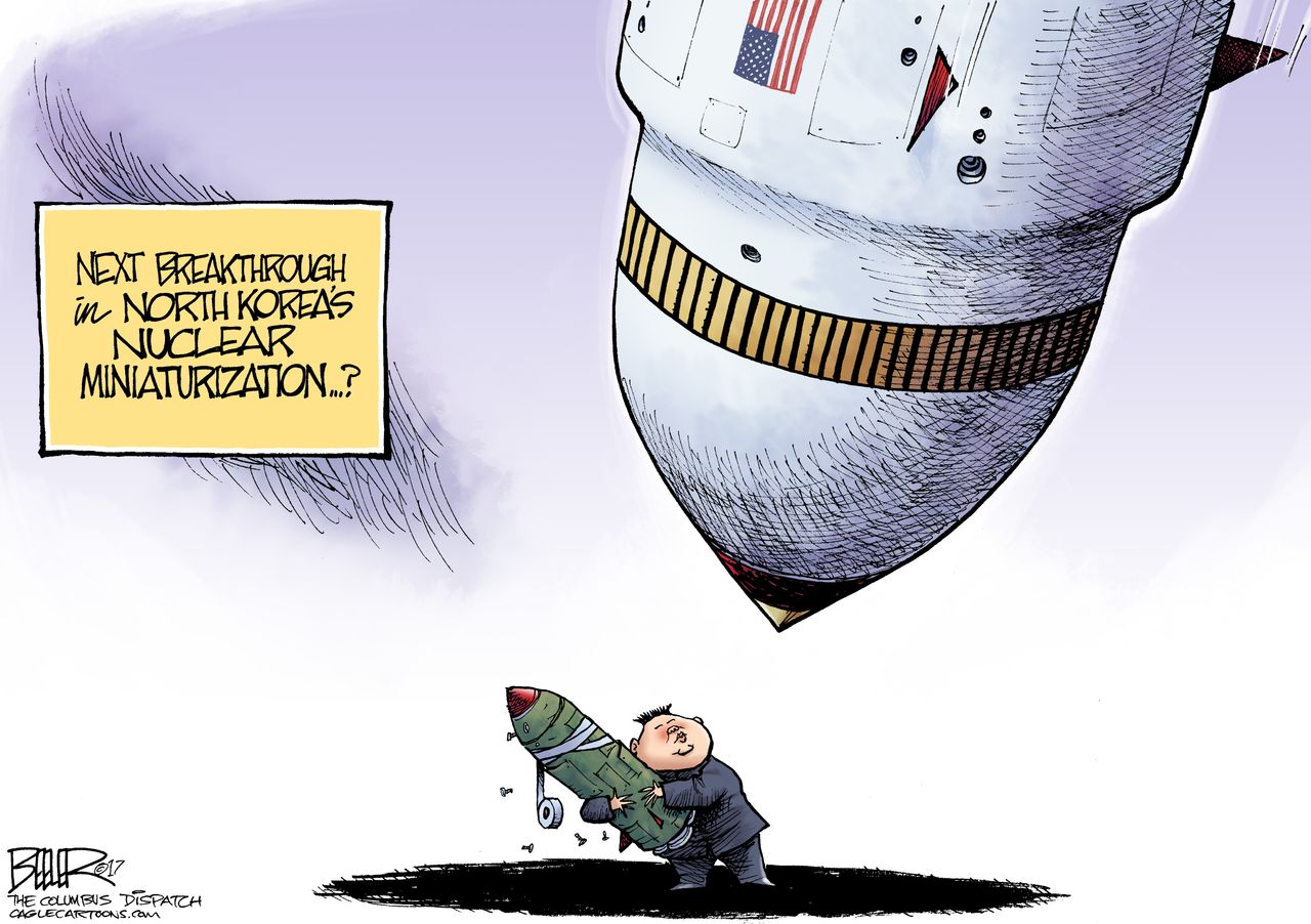 Political cartoon U.S. North Korea Kim Jong-un nuclear missiles