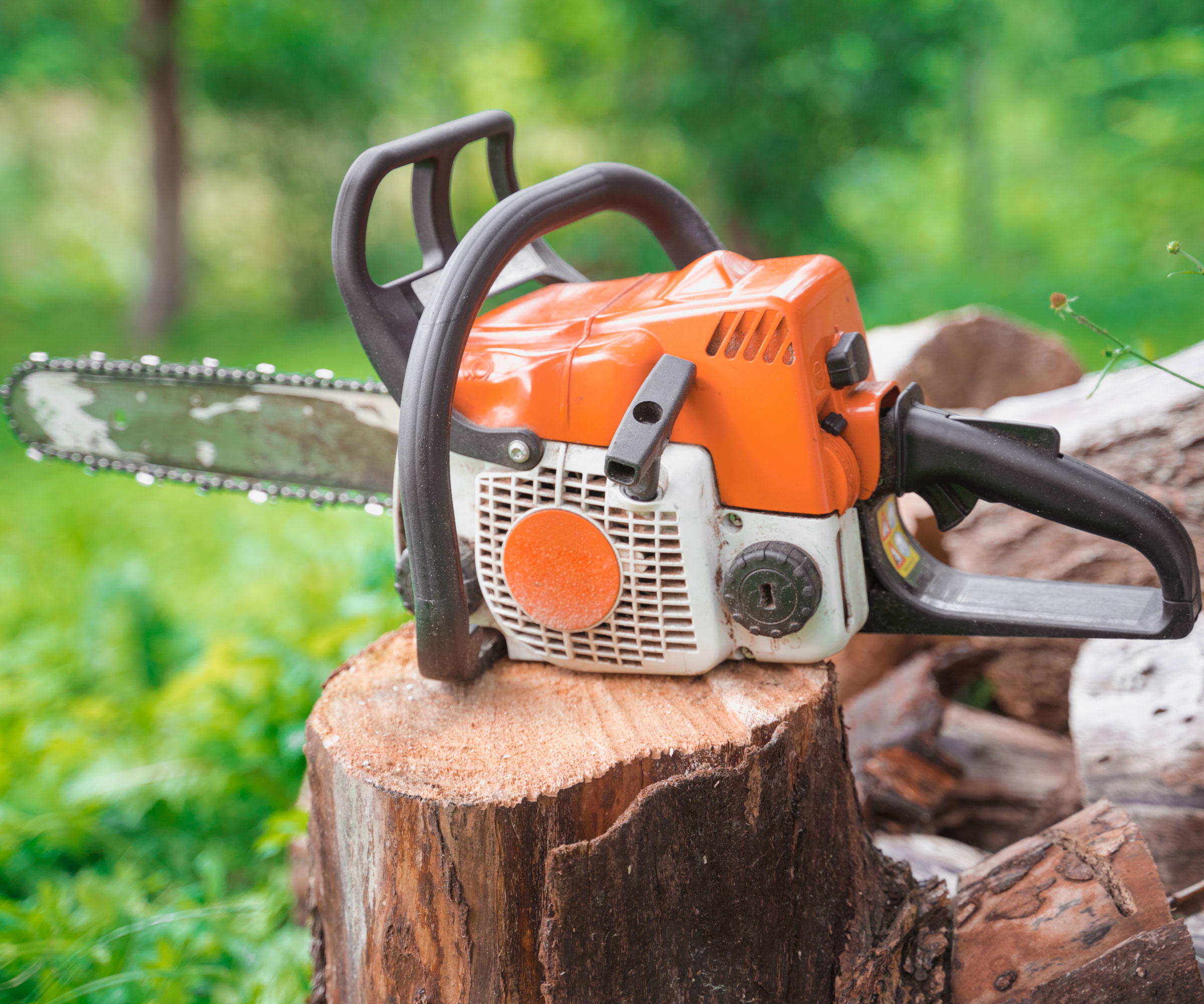 orange chainsaw sitting on freshly sawn logs against green backdrop