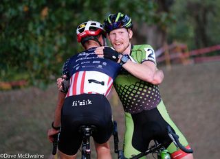 Jeremy Powers congratulating his close friend Stephen Hyde at the finish.