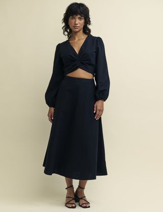 Black Linen-Blend a Line Midi Skirt