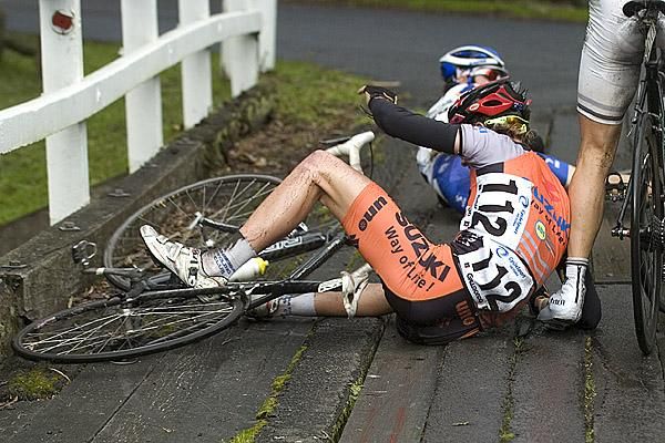 Sam Genge (Suzuki-Canberra) also came to grief on the slippery bridges between Traralgon South and Yarram.
