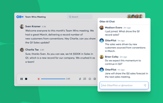 Otter: A screenshot of a meeting being live transcribed in Otter.ai, with a pullout of a chat window on the right in which an employee has asked "What drove Q1 record sales?". In response, OtterPilot has responded that "the sales were driven by new customers sourced from conventions in March". The screenshot is set against a solid green background.