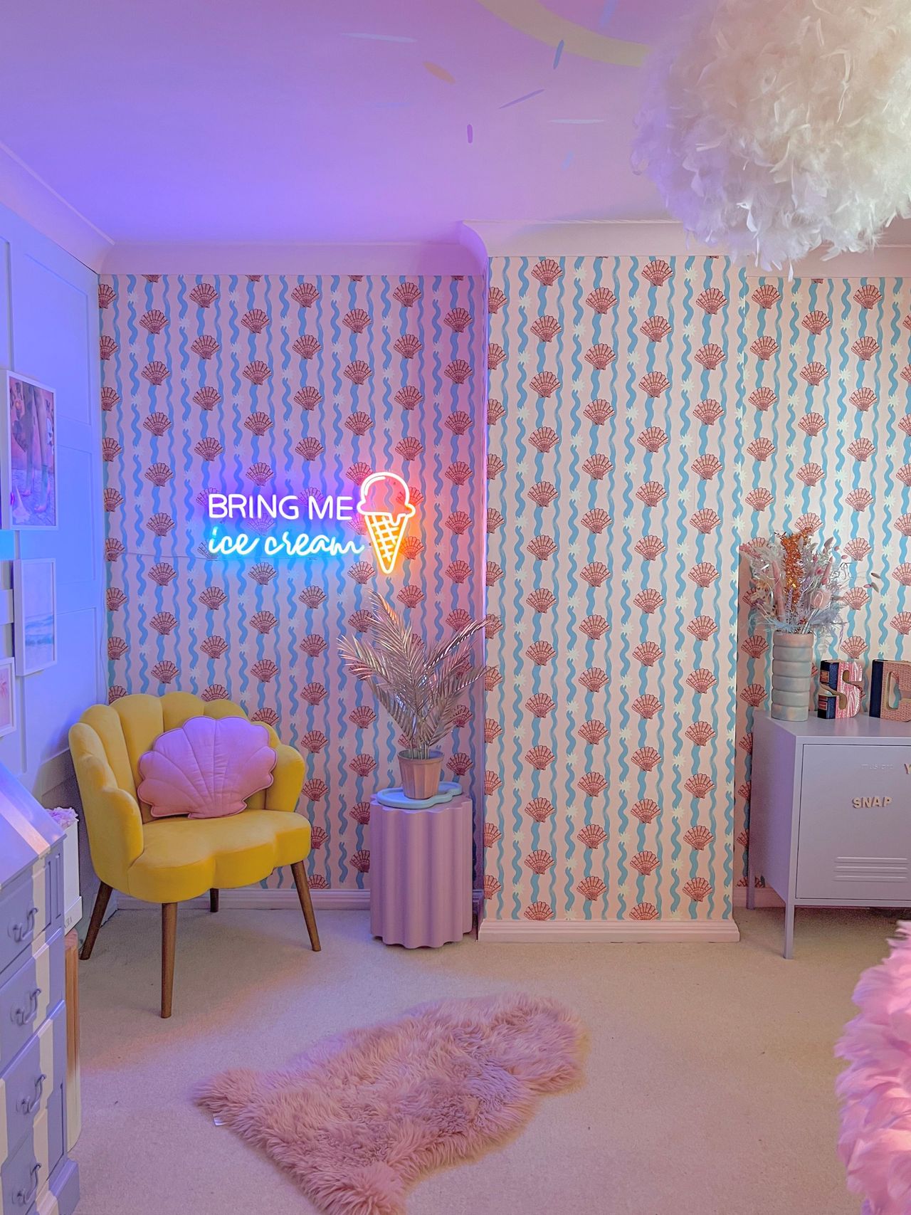 Upstairs office redesigned to give ice cream lighting and chair with pink pillow
