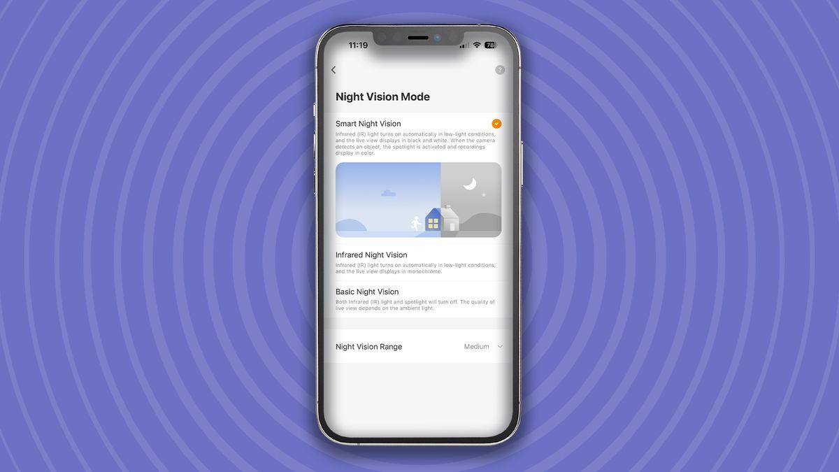 Night vision settings for IMOU AOV PT security camera in mobile app