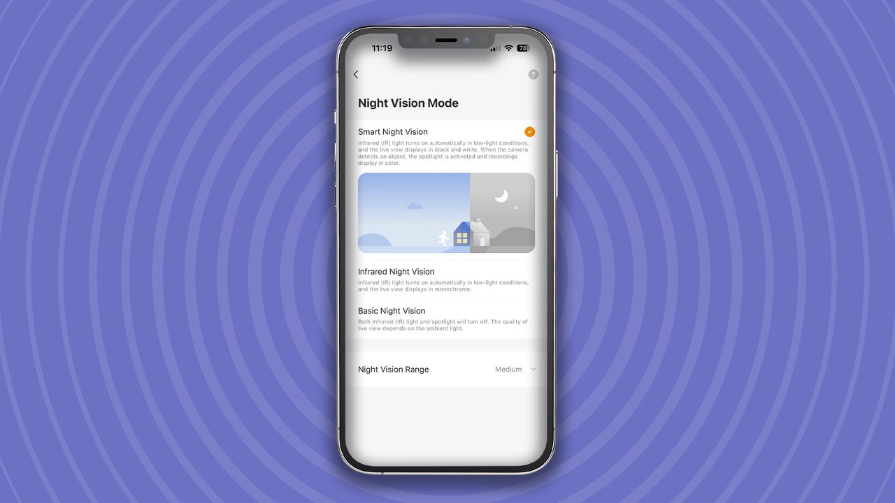 Night vision settings for IMOU AOV PT security camera in mobile app