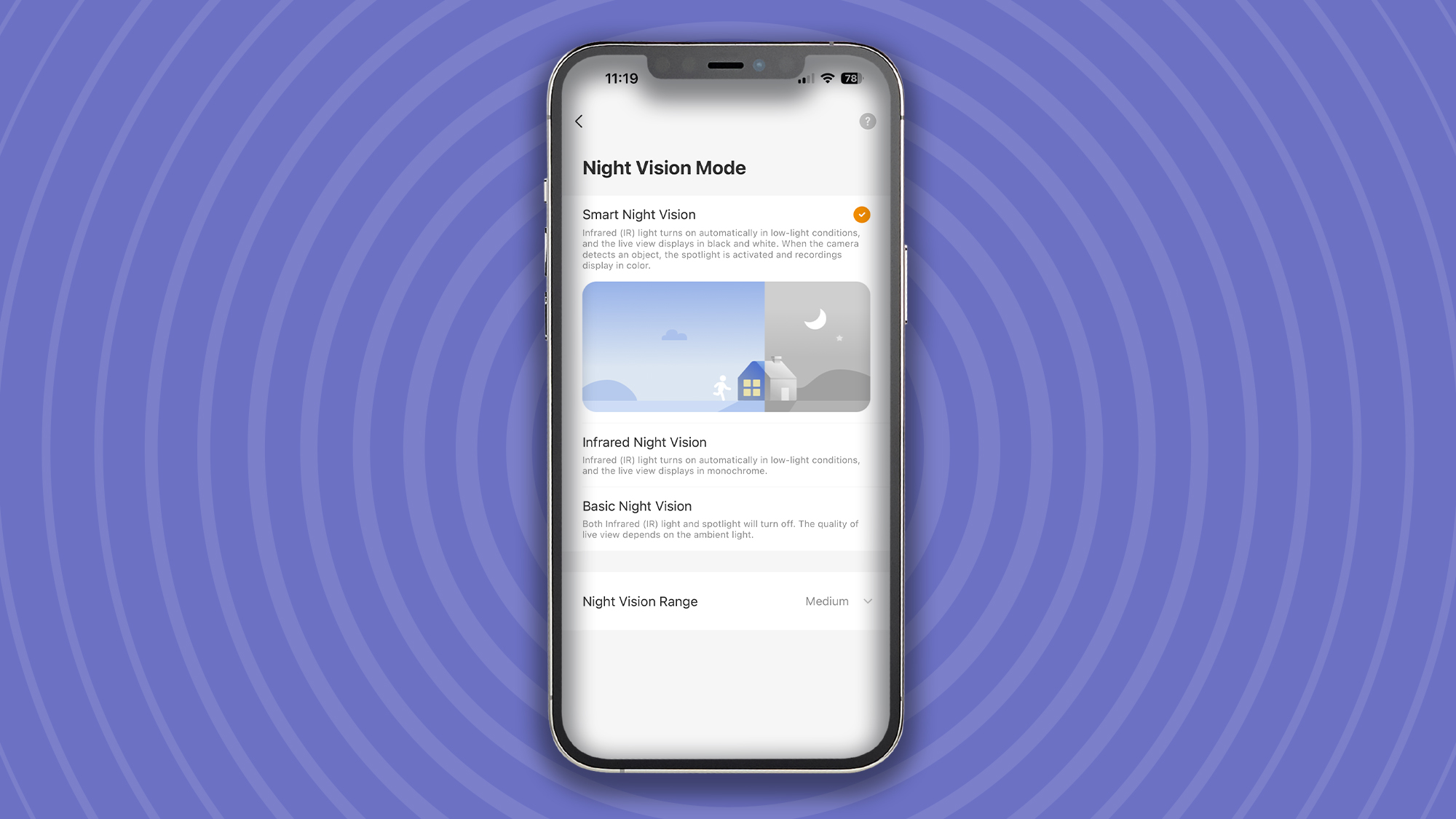 Night vision settings for IMOU AOV PT security camera in mobile app