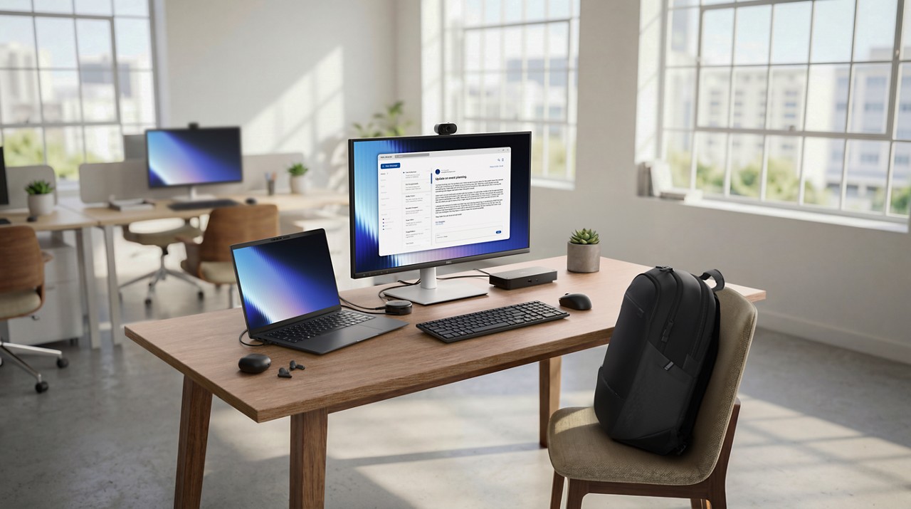 Dell Pro 7 on a desk next to a monitor and keyboard with backpack sitting on a chair
