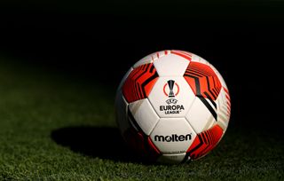 A detailed view of the Molten Vantaggio 5000 official match ball is seen prior to the UEFA Europa League group G match between Real Betis and Celtic FC at Estadio Benito Villamarin on September 16, 2021 in Seville, Spain.