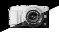 Stylized image of the Olympus PEN E-PL6 in black and white colorways