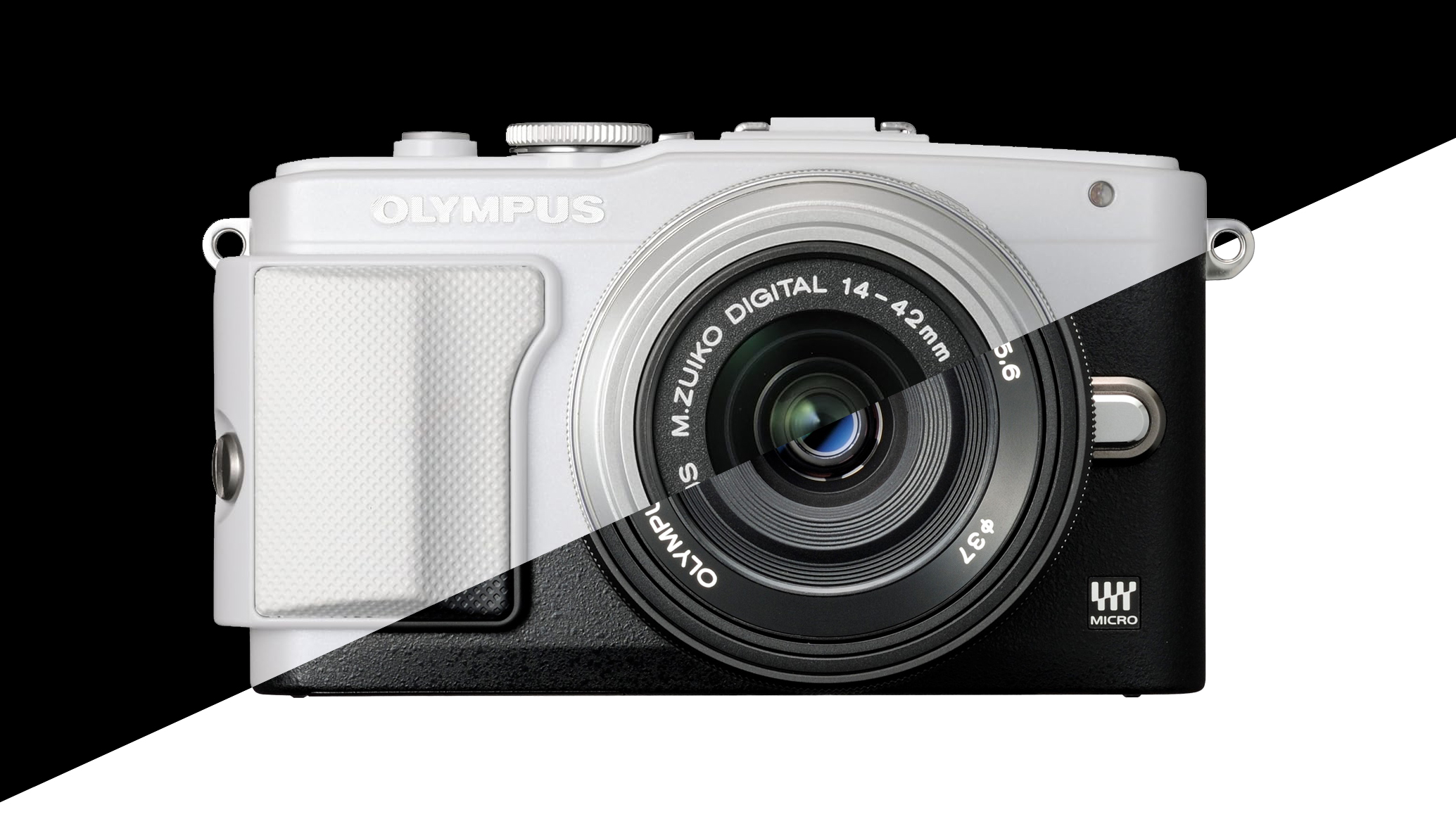 Stylized image of the Olympus PEN E-PL6 in black and white colorways
