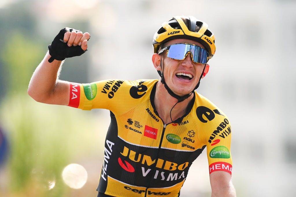POTENZA ITALY MAY 13 Koen Bouwman of Netherlands and Team Jumbo Visma celebrates winning during the 105th Giro dItalia 2022 Stage 7 a 196km stage from Diamante to Potenza 717m Giro WorldTour on May 13 2022 in Potenza Italy Photo by Tim de WaeleGetty Images