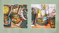 Drew Barrymore cookware set in the new thyme green; two shots of the pans creating a pasta with shrimp in a busy kitchen