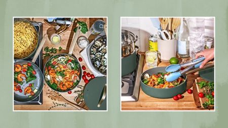 Drew Barrymore cookware set in the new thyme green; two shots of the pans creating a pasta with shrimp in a busy kitchen