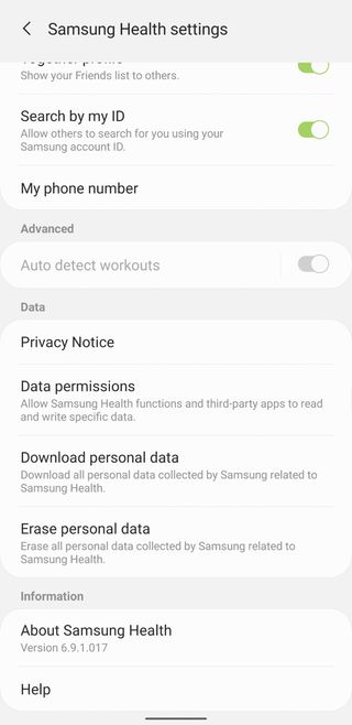 Samsung Health App Settings Screenshot