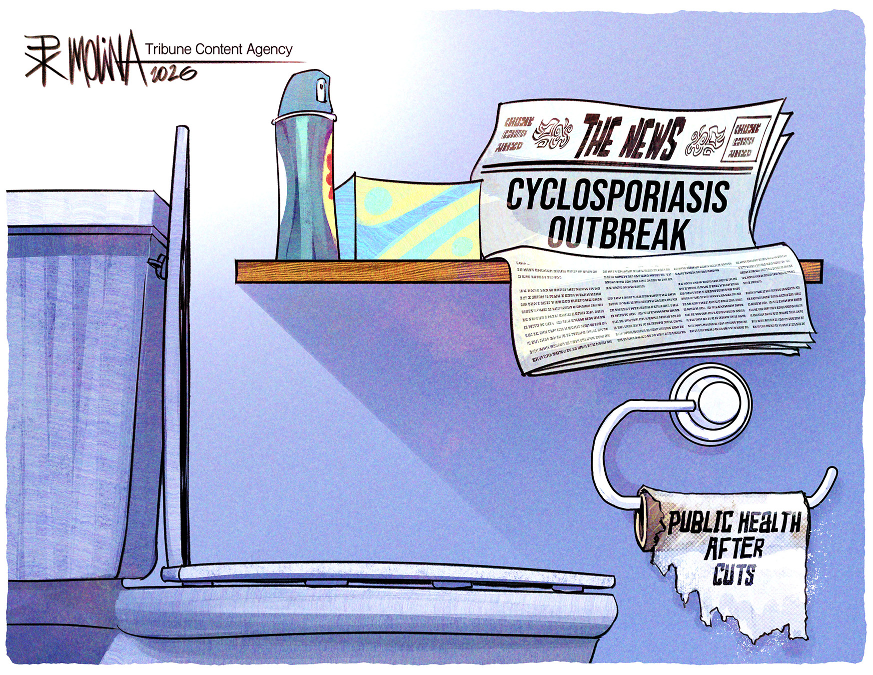 This cartoon depicts a toilet set with a newspaper on a shelf next to it. The newspaper headline is &amp;ldquo;Cyclosporiasis Outbreak.&amp;rdquo; A roll of toilet paper with one partial sheet left reads, &amp;ldquo;Public Health after Cuts.&amp;rdquo;