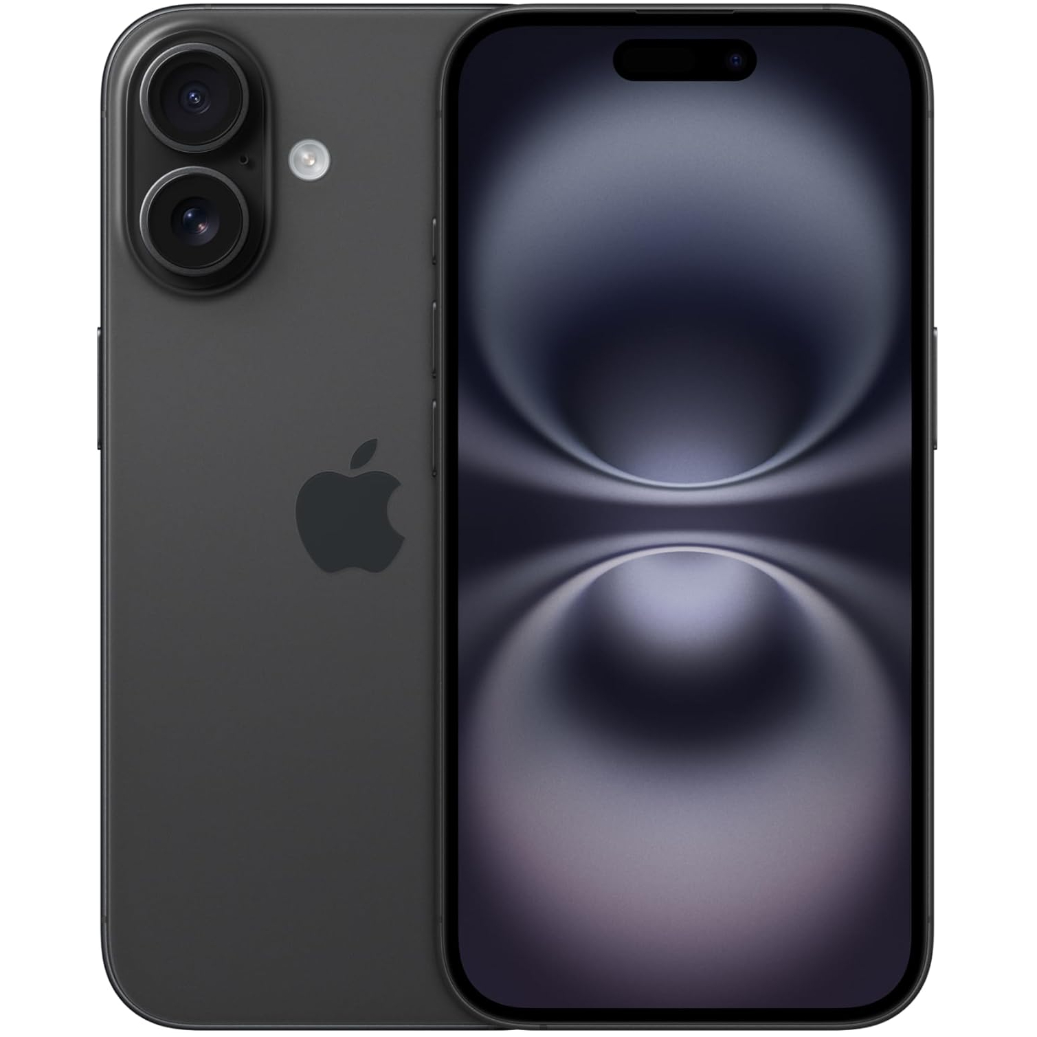 Two black iPhone 16 handsets pictured back to back against a white background