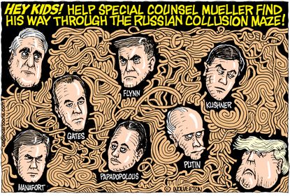 Political cartoon U.S. Mueller investigation Flynn Kushner Papadopolous Manafort Trump Putin