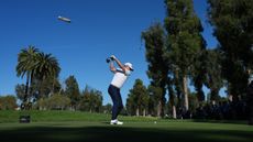 Jacob Bridgeman hits a drive during round three of the 2026 Genesis Invitational at Riviera Country Club