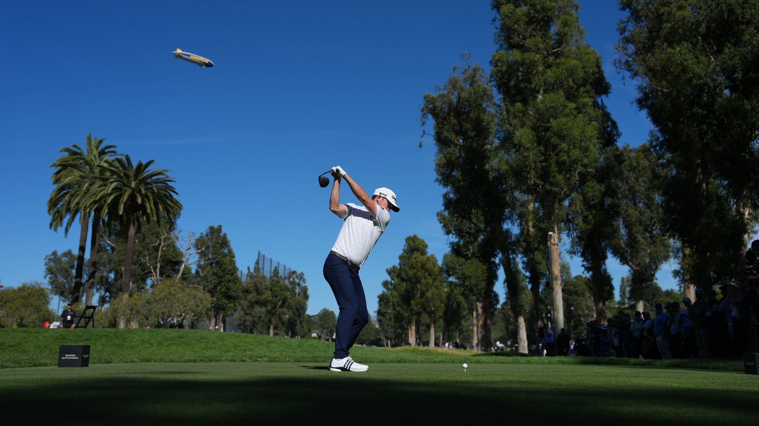 Jacob Bridgeman hits a drive during round three of the 2026 Genesis Invitational at Riviera Country Club