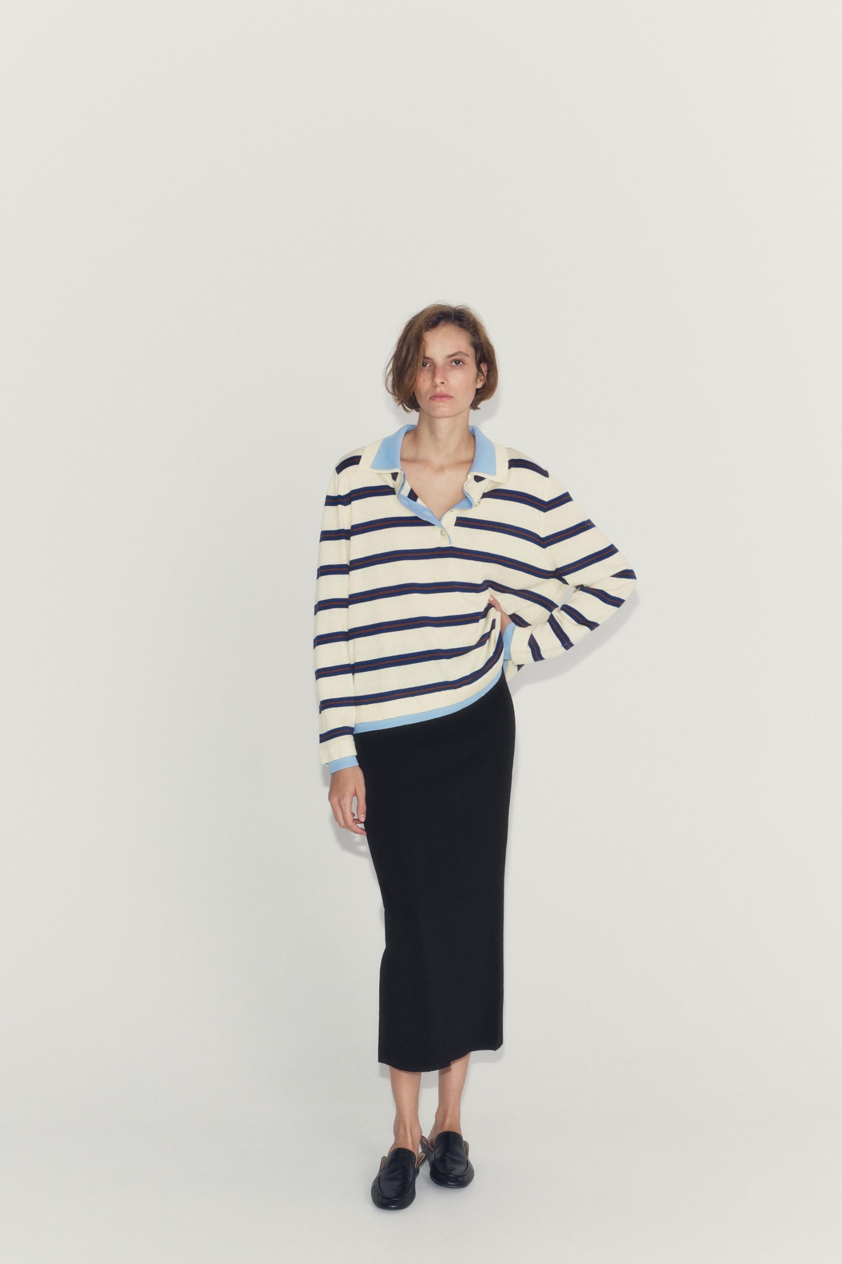 Striped Contrast Knit Polo - Ecru / Blue - S