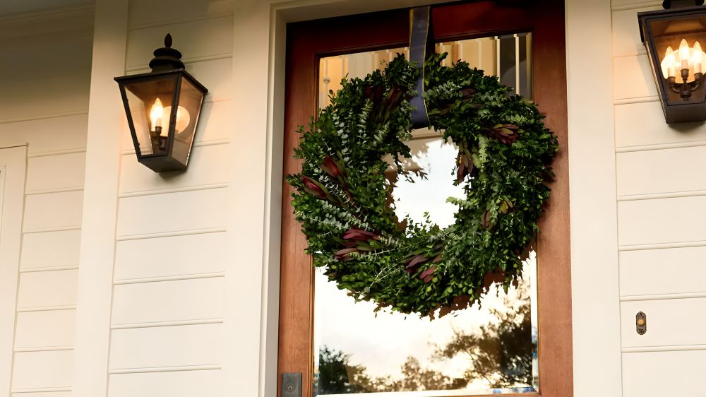 A front door Christmas wreath hanging by a ribbon from the top of a wooden door with a glass window. 