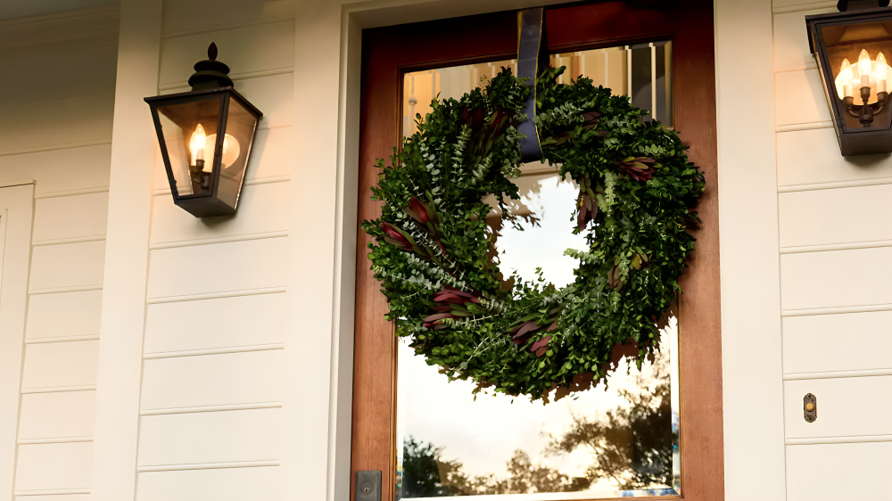 A front door Christmas wreath hanging by a ribbon from the top of a wooden door with a glass window. 