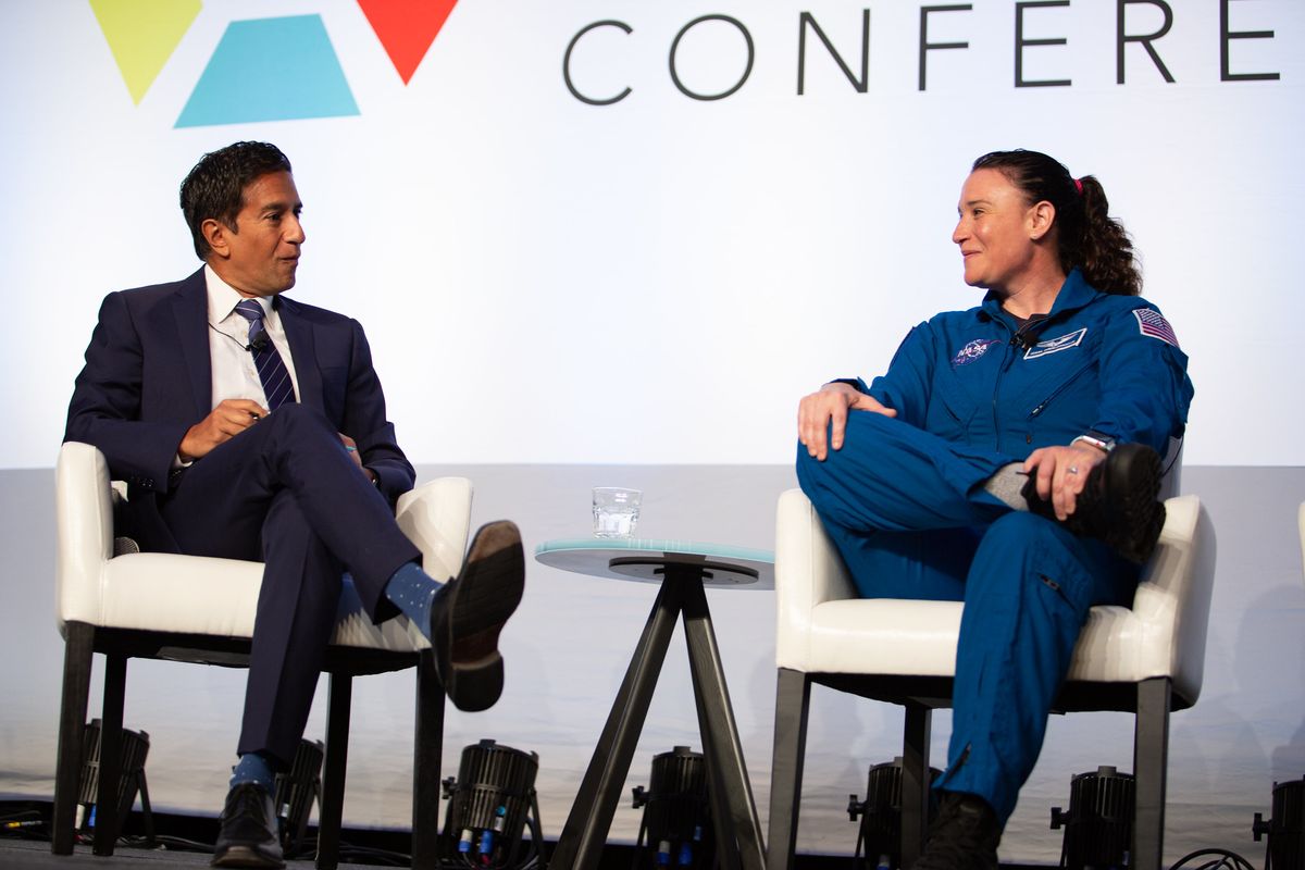 NASA astronaut Serena Auñón-Chancellor speaks with Sanjay Gupta during the International Space Station Research and Development Conference in Atlanta on July 30, 2019.