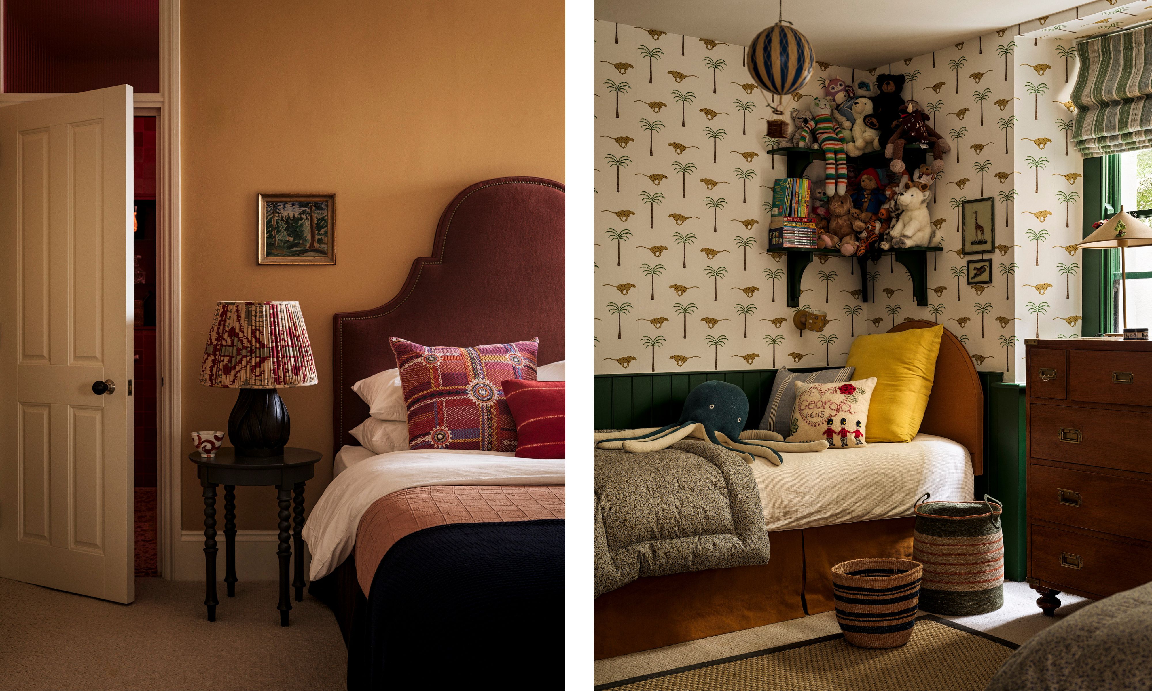 Split image of two bedrooms: Left: Bed with deep red headboard, patterned lamp, and orange wall. Right: Child&#039;s room with jungle-print wallpaper, daybed, and stuffed animals on shelves.