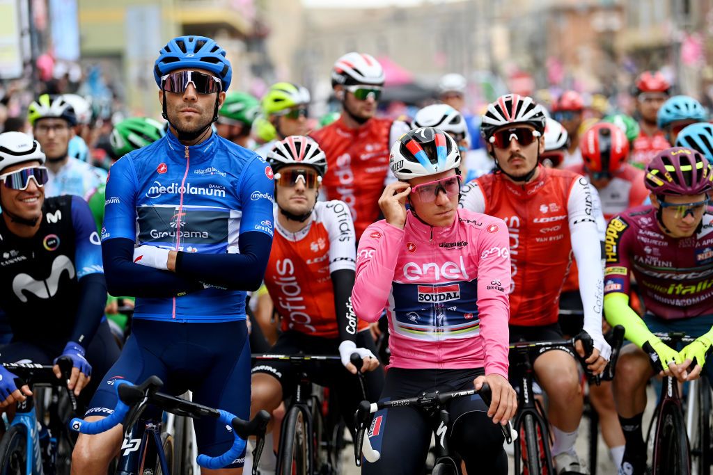 VENOSA ITALY MAY 09 LR Thibaut Pinot of France and Team Groupama FDJ Blue Mountain Jersey and Remco Evenepoel of Belgium and Team Soudal Quick Step Pink Leader Jersey prior to the 106th Giro dItalia 2023 Stage 4 a 175km stage from Venosa to Lago Laceno 1059m UCIWT on May 09 2023 in Venosa Italy Photo by Tim de WaeleGetty Images