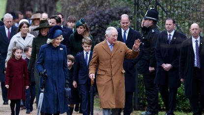 Princess Charlotte of Wales, Catherine, Princess of Wales, Camilla, Queen Consort, Prince George of Wales, King Charles III and Prince William, Prince of Wales attend the Christmas Day service at St Mary Magdalene Church on December 25, 2022