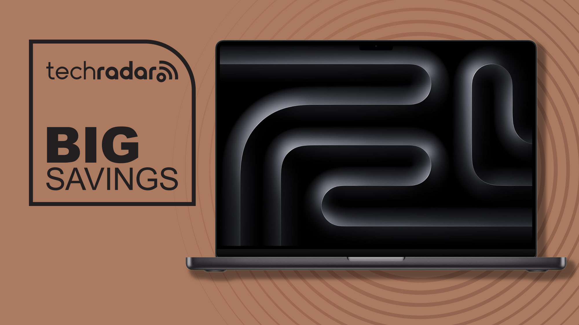 An Apple MacBook Pro against a TechRadar deals background