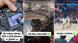 Three stills from @pelicansnba Instagram Reel showing photographer, Layne Murdoch Jr's, duties during gameday. Cycling through images on the rear LCD of Canon camera, setting up a remote camera high up in the stadium's catwalk, and players being photographed from the sideline during the game