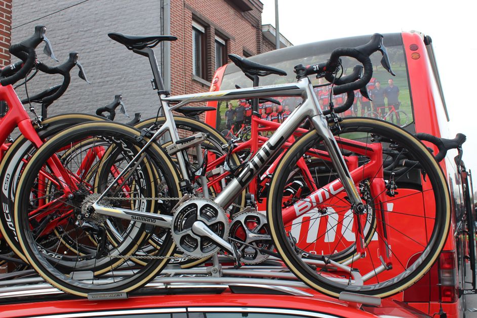 A silver bike with gold accents for Olympic champion Greg Van Avermaet