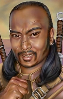 Yoshimo character portrait in Baldur&#039;s Gate 2, a grinning man with long hair, piercings, and two swords on his back.
