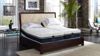 The PlushBeds Cool Bliss Memory Foam Mattress shown on a luxury black and beige quilted bed frame