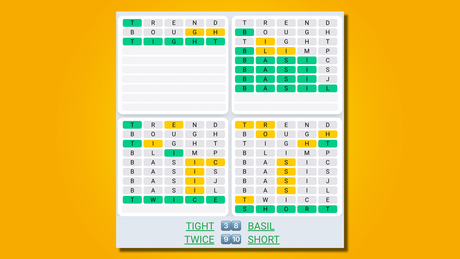 Quordle Daily Sequence answers for game 484 on a yellow background