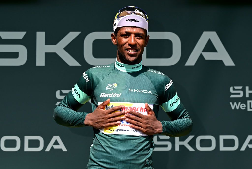 VILLENEUVESURLOT FRANCE JULY 11 Biniam Girmay of Eritrea and Team Intermarche Wanty Green Sprint Jersey celebrates at podium during the 111th Tour de France 2024 Stage 12 a 2036km stage from Aurillac to VilleneuvesurLot UCIWT on July 11 2024 in VilleneuvesurLot France Photo by Tim de WaeleGetty Images