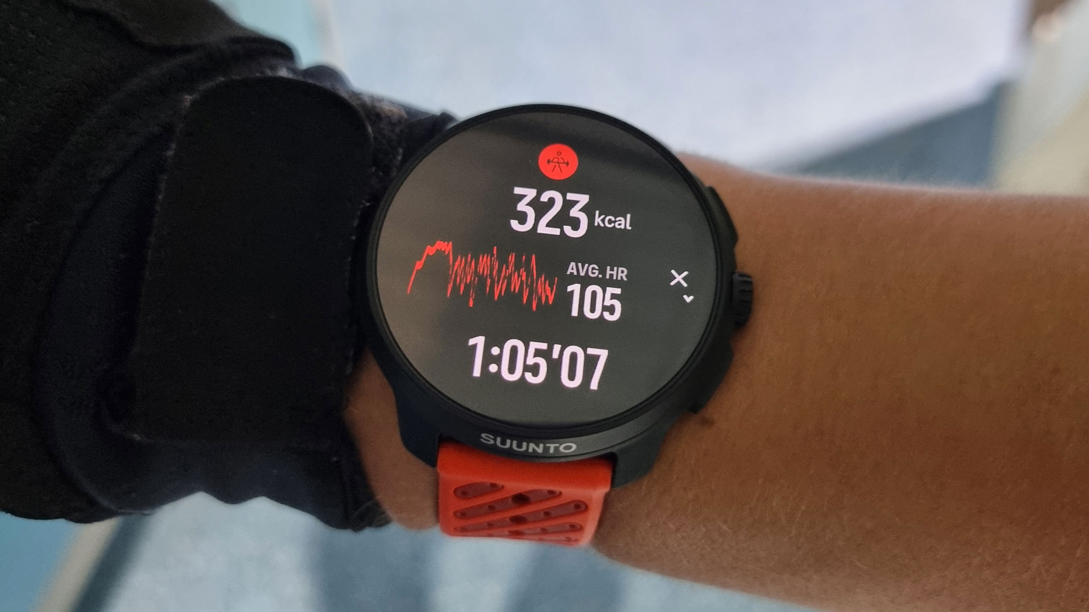 The screen of the Suunto Race 2 showing workout stats while being worn by our reviewer.