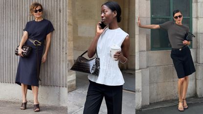 a collage of photos of women showing how to dress for work in the summer