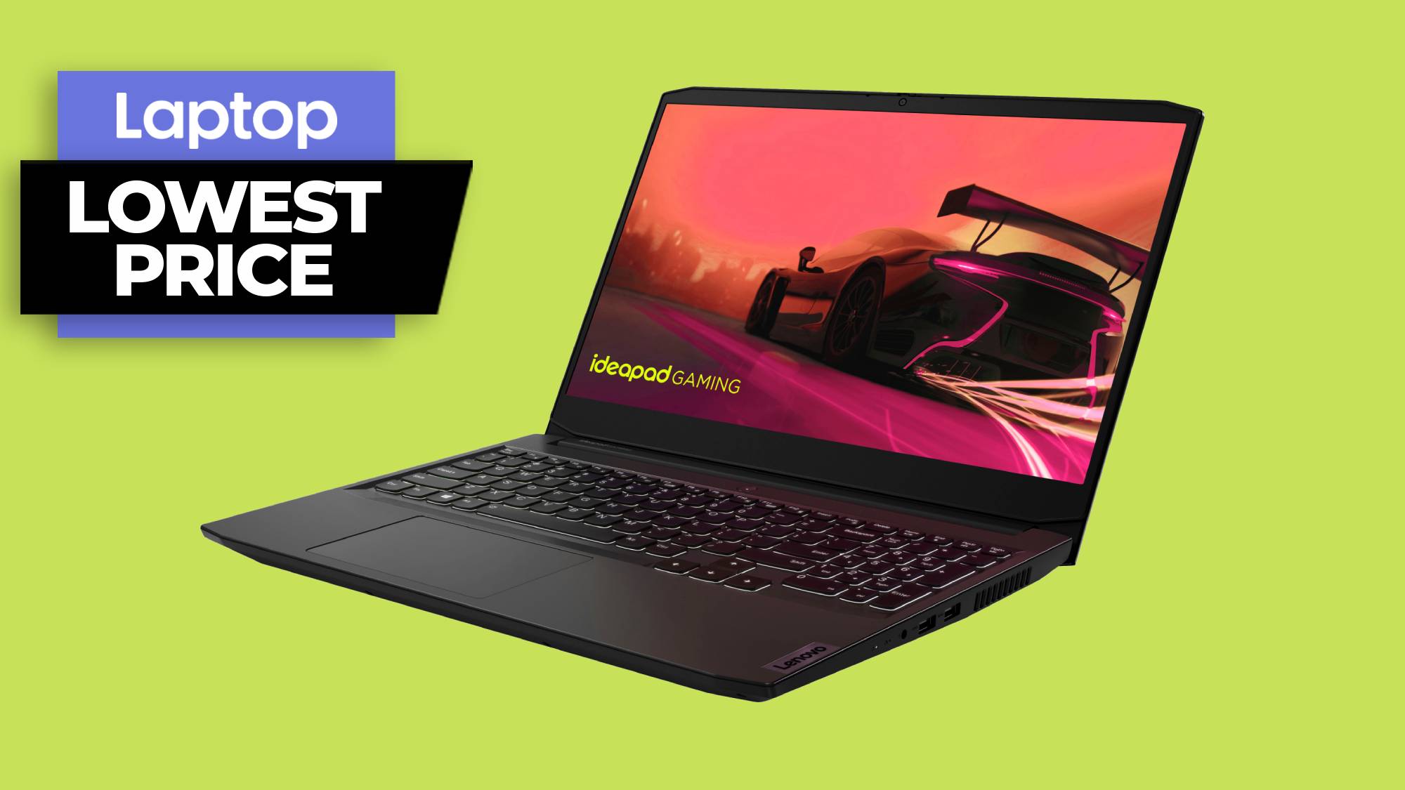 Lenovo IdeaPad Gaming laptop against a neon green background