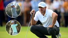 Brooks Koepka lines up a putt and insets of Lanto Griffin and Jackson Suber holding their finishes on drives