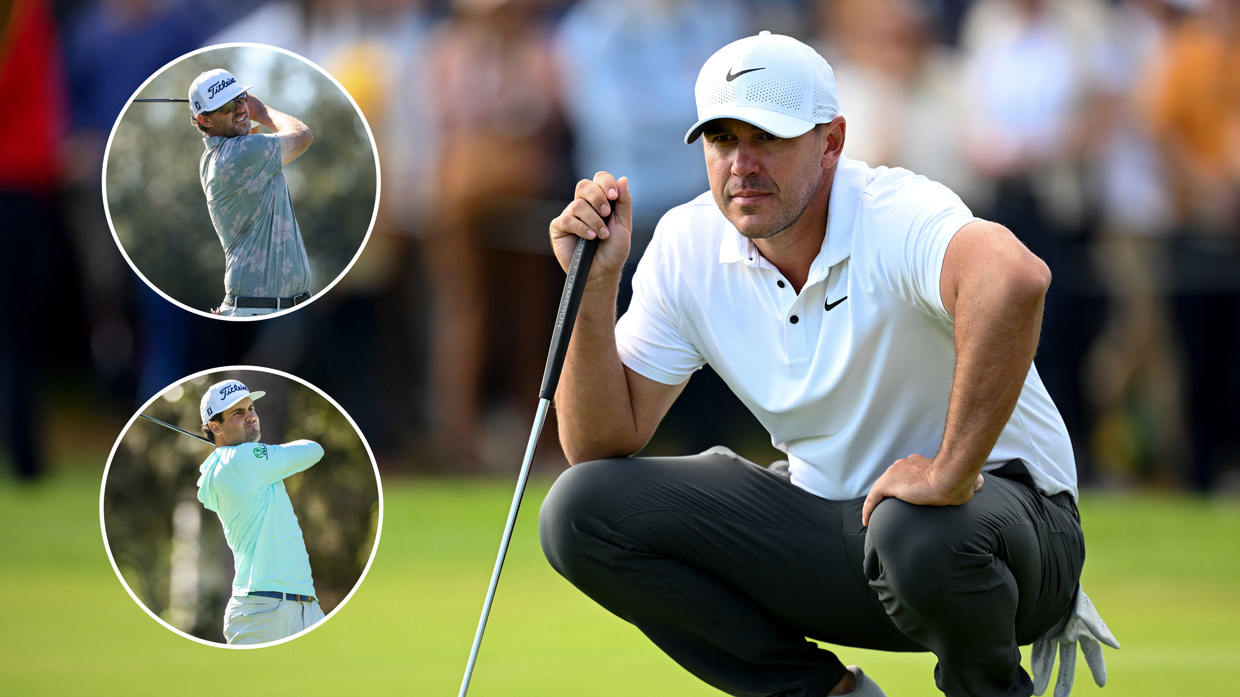 Brooks Koepka lines up a putt and insets of Lanto Griffin and Jackson Suber holding their finishes on drives