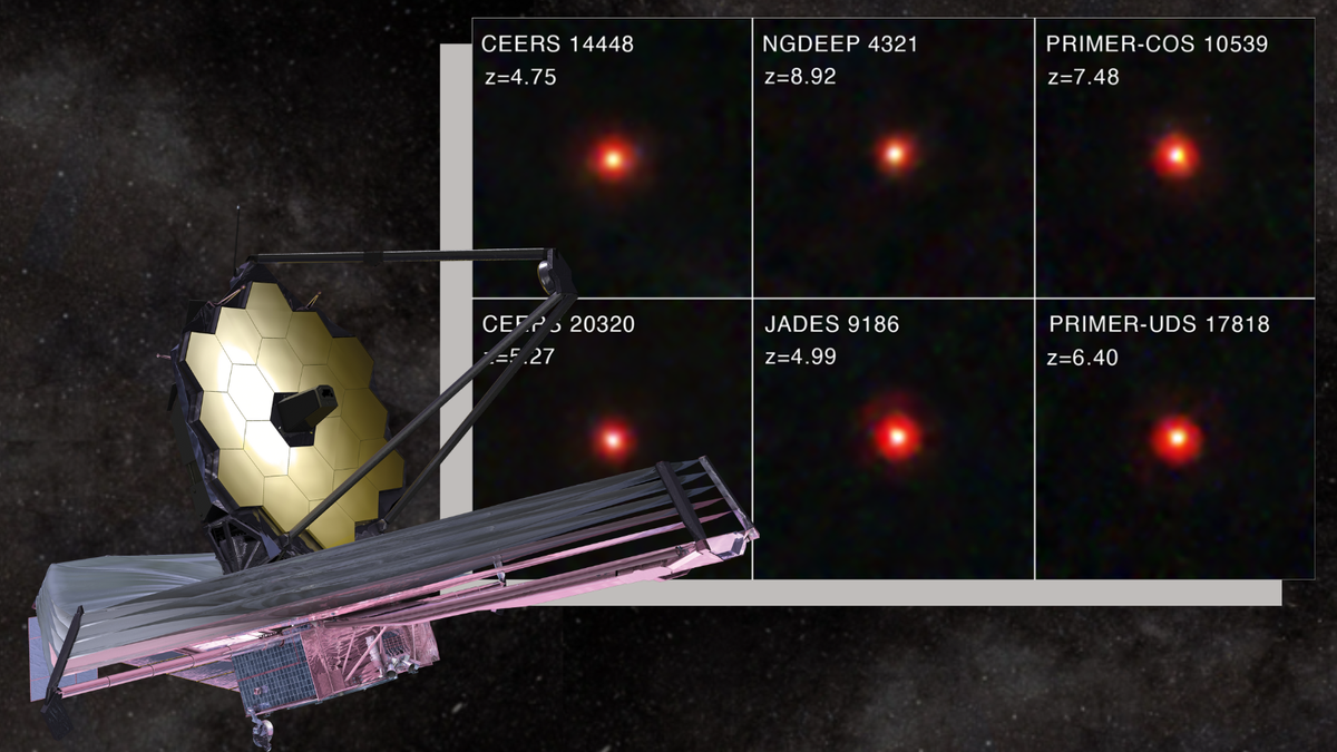 An illustration shows the JWST in space next to its observations of some of the earliest galaxies ever seen, the so-called &quot;little red dots.&quot;