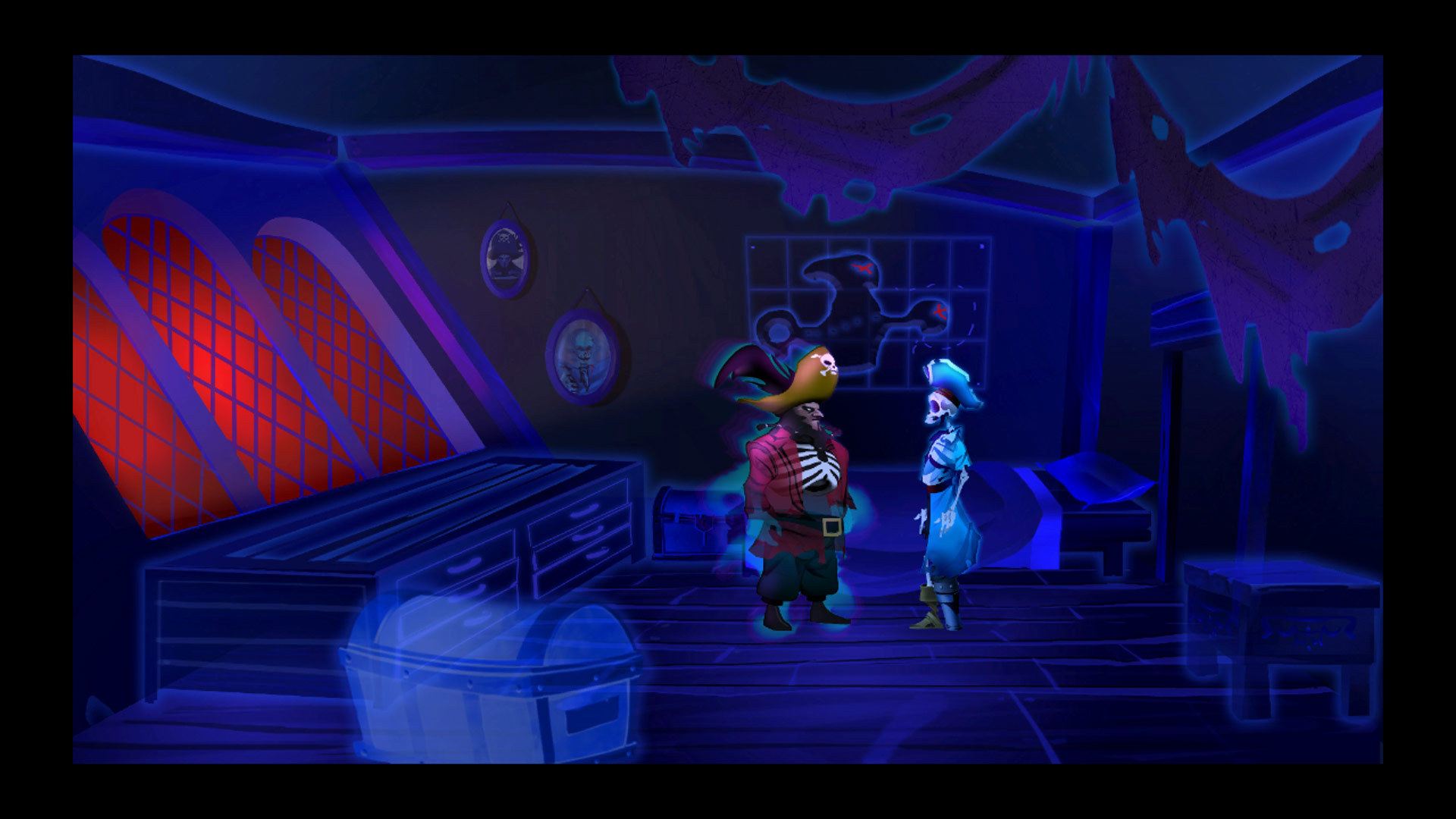 The Secret of Monkey Island Special Edition screenshot showing pirate LeChuck talking to a skeleton on a ship