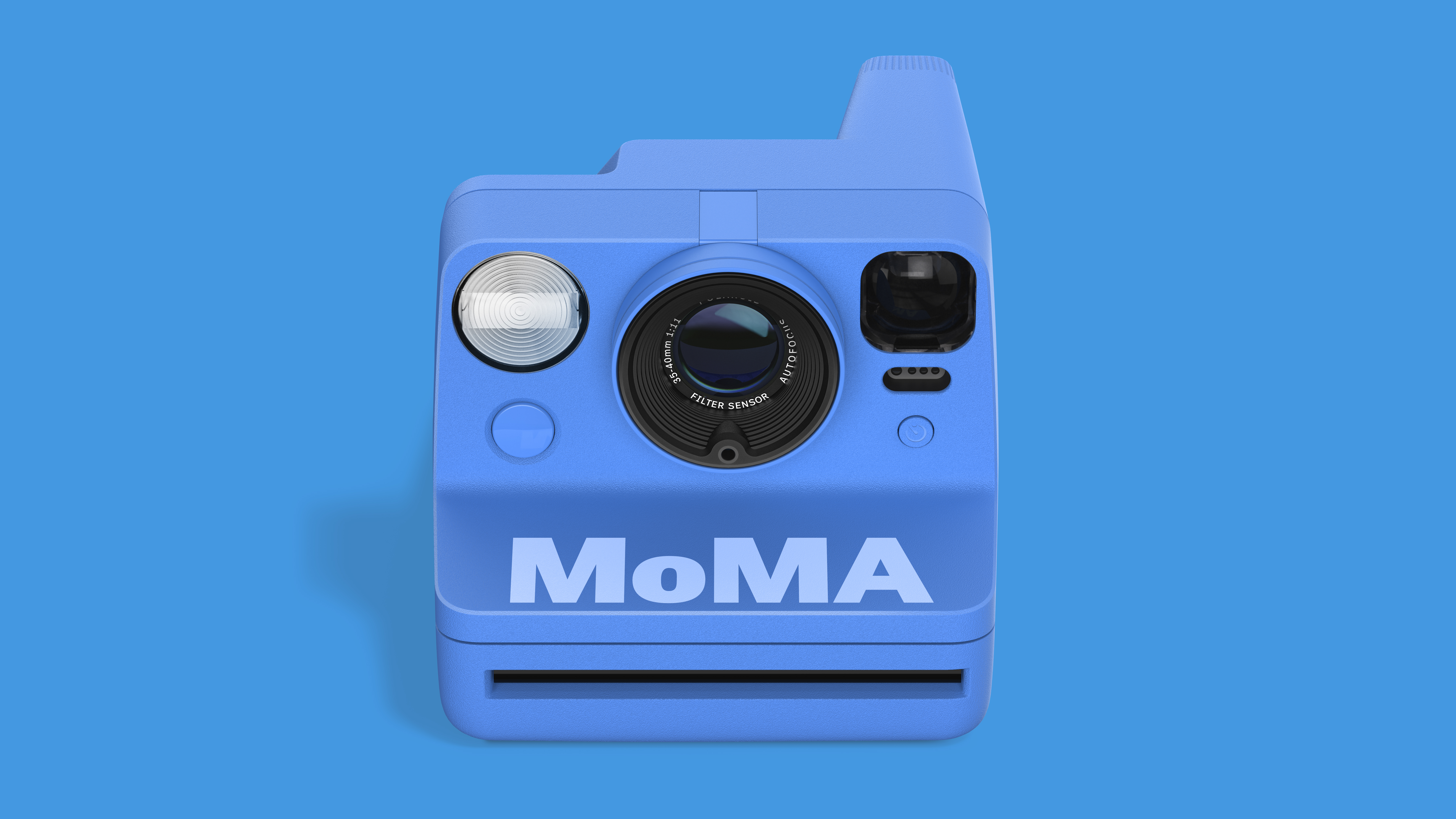 Polaroid Now Instant Camera Generation 3 - MoMa Edition camera against a blue background