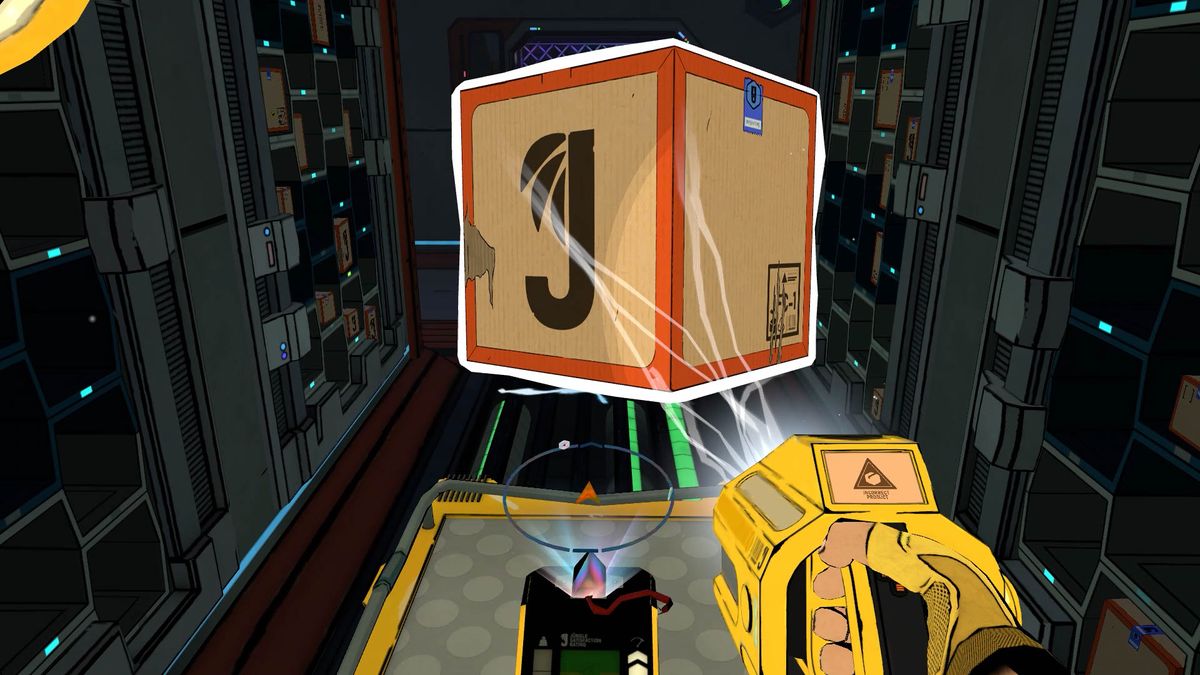 using grav gun on a cardboard box in The Last Worker