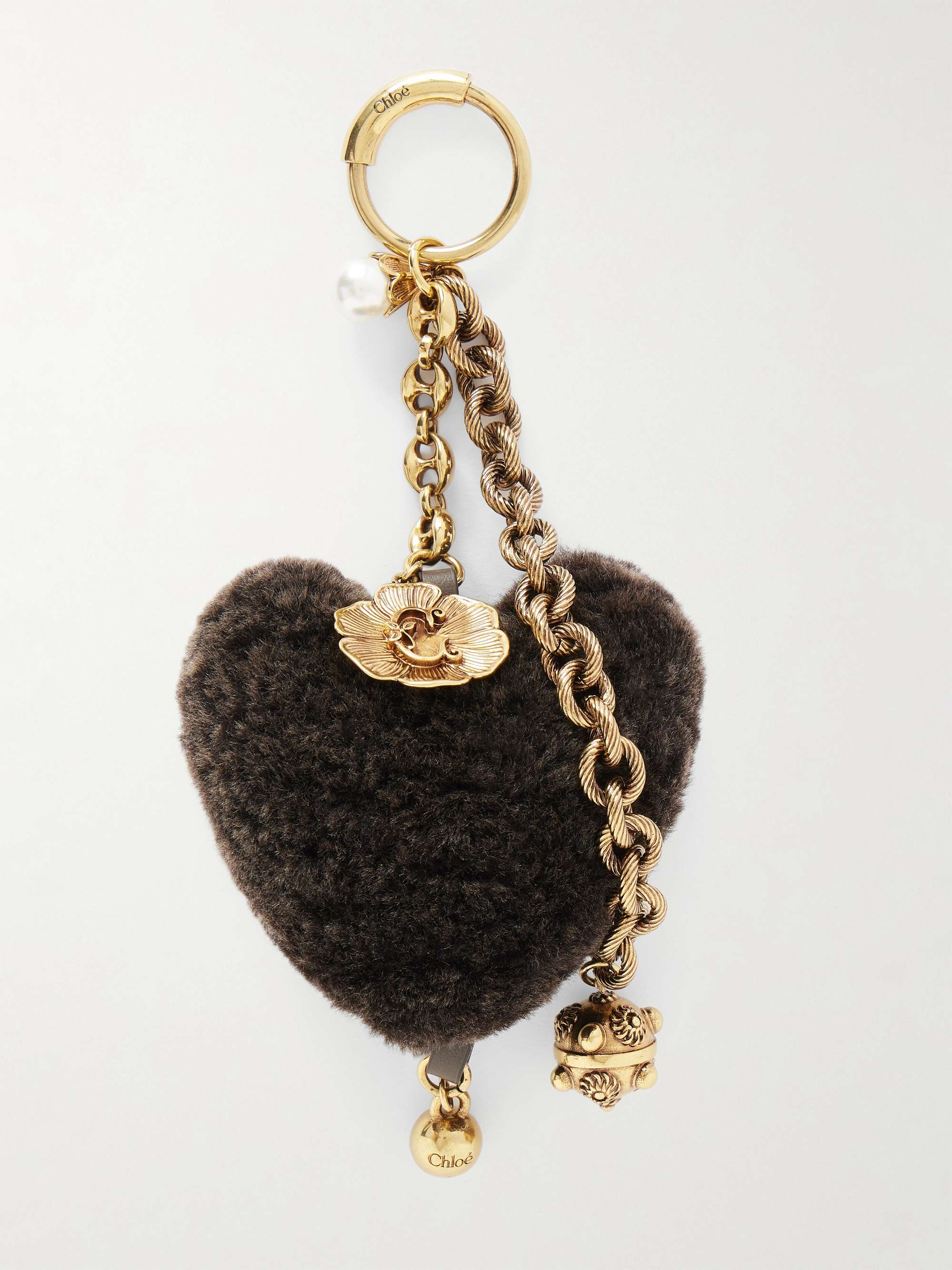 Shearling and Gold-Tone Bag Charm