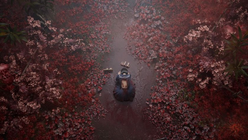 A screenshot shows Hinako slumped on the ground surrounded by red spider lilies 