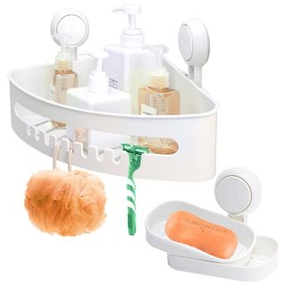 A white plastic shower caddy with suction cups, filled with shower products